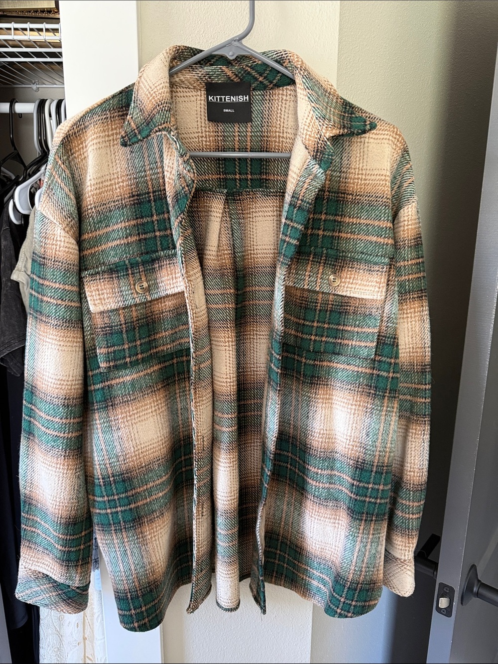 KITTENISH Green and Cream Plaid Utility Shacket